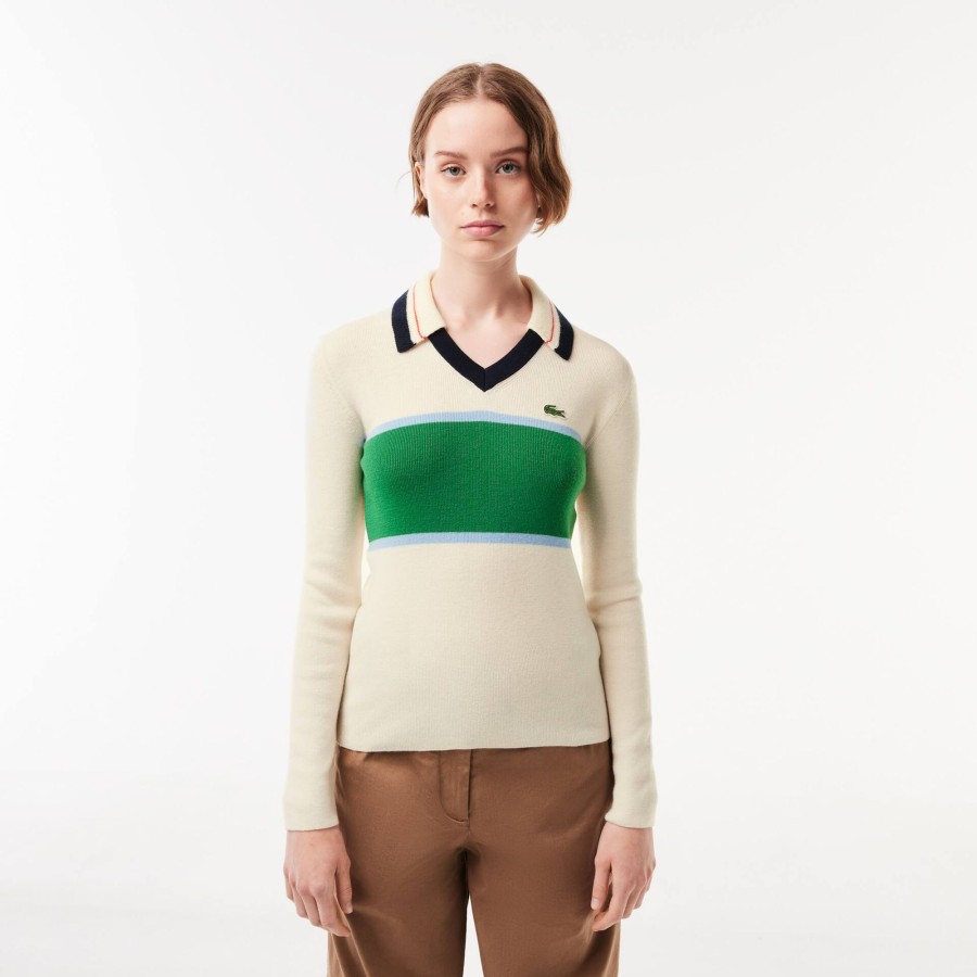 Women Lacoste Knitwear | French Made Contrast Polo Neck Sweater White / Green / White Lia