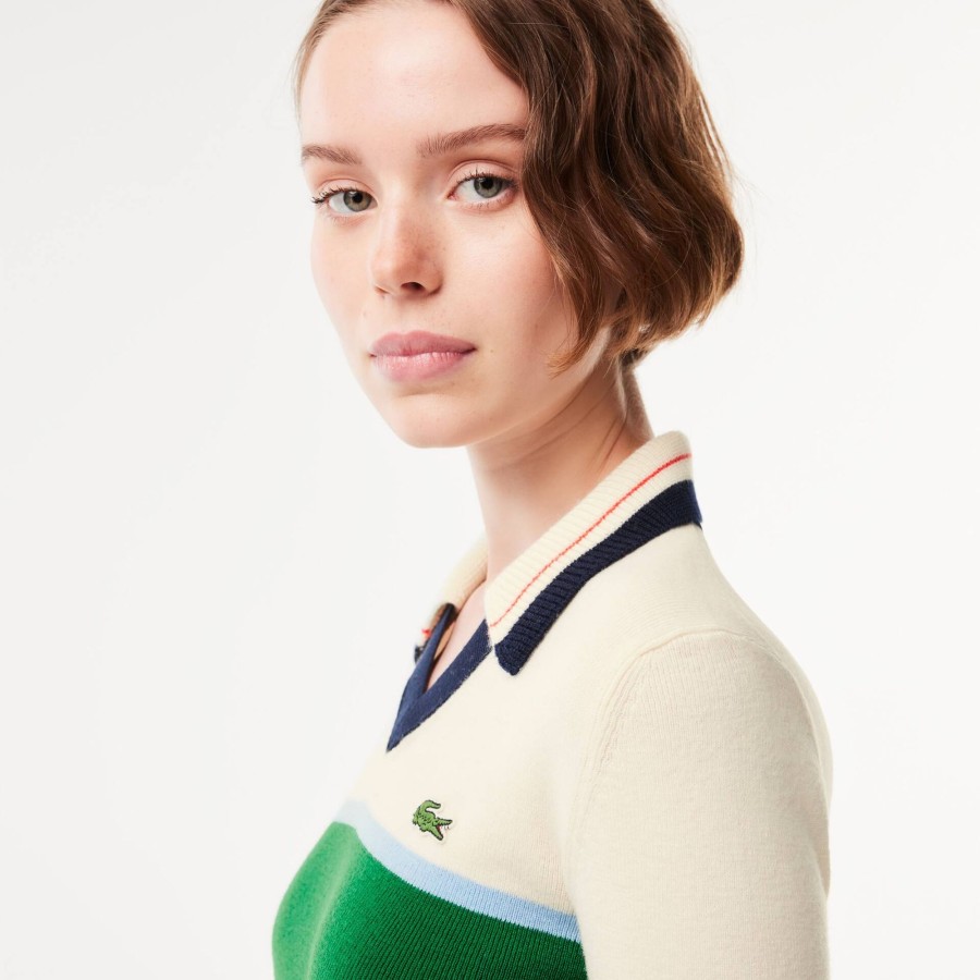 Women Lacoste Knitwear | French Made Contrast Polo Neck Sweater White / Green / White Lia