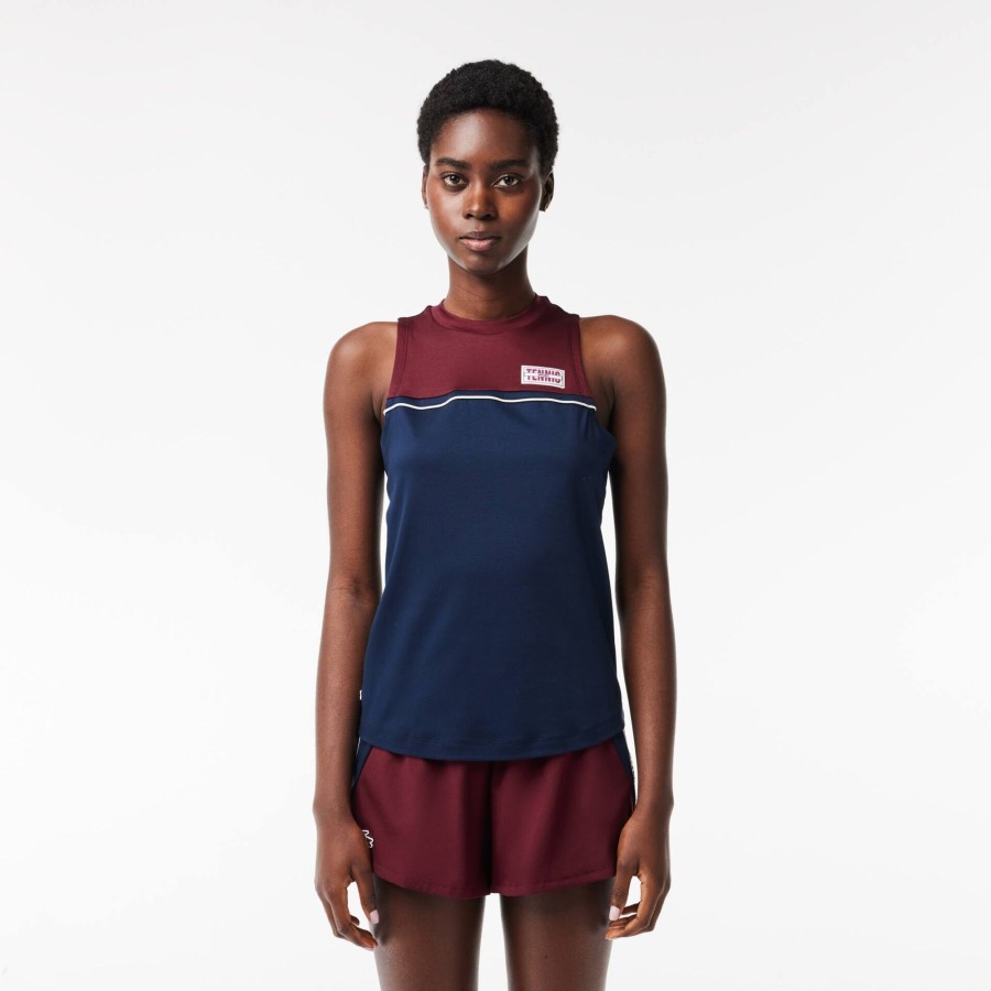 Women Lacoste Fitness & Training | Contrast Stretch Cotton Sport T-Shirt Navy Blue / Bordeaux R1I