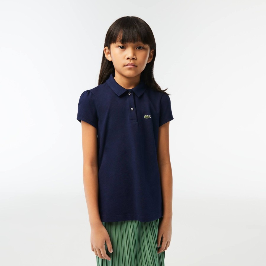 Kids Lacoste Girl Clothing | Girls' Lacoste Scalloped Collar Mini Pique Polo Shirt Navy Blue 166