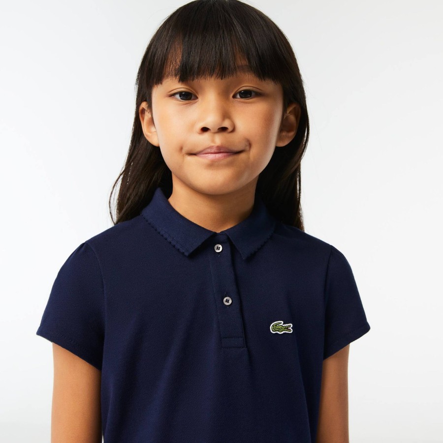 Kids Lacoste Girl Clothing | Girls' Lacoste Scalloped Collar Mini Pique Polo Shirt Navy Blue 166