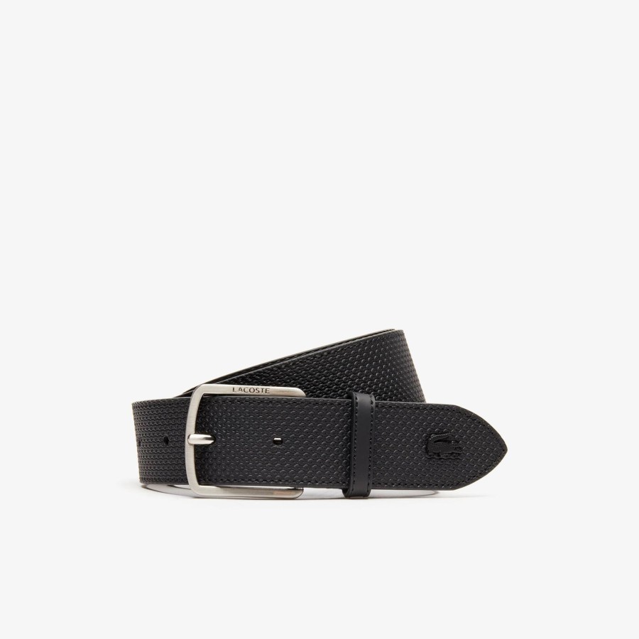 Men Lacoste Belts | Men'S Lacoste Engraved Buckle Texturised Leather Belt Noir