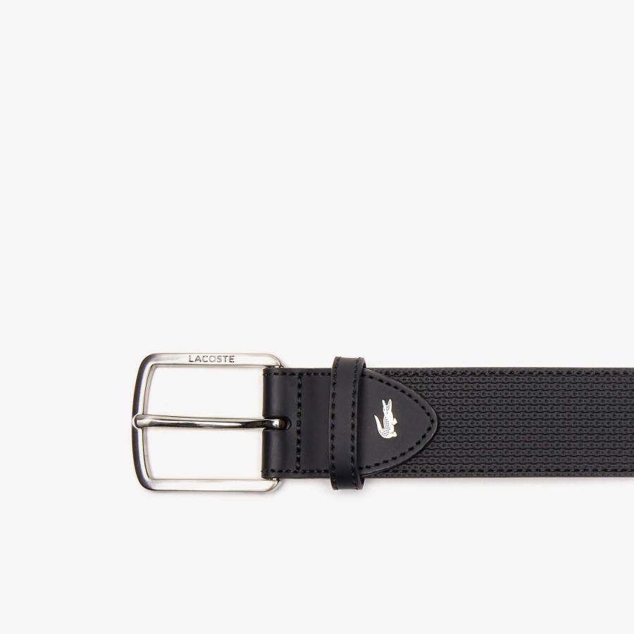 Men Lacoste Belts | Men'S Lacoste Engraved Buckle Texturised Leather Belt Noir