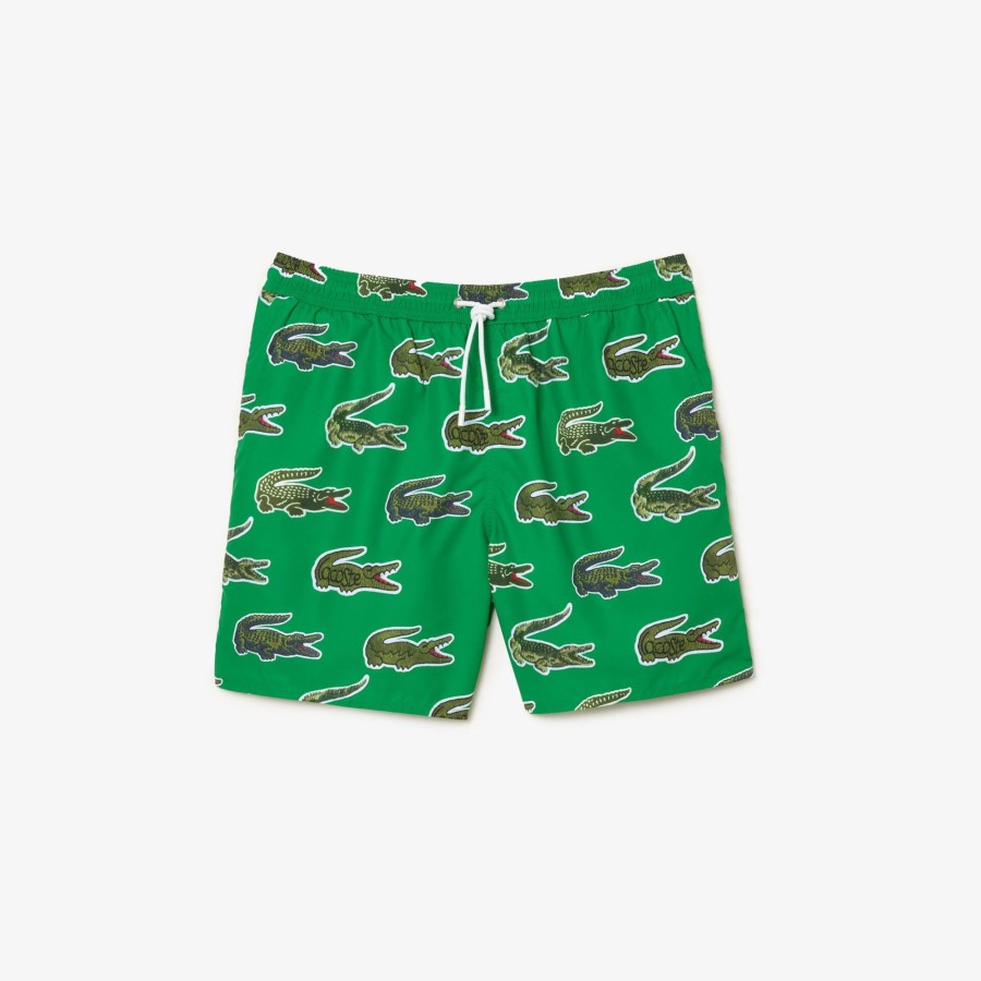 Men Lacoste Swimwear | Croc Print Swim Trunks Green