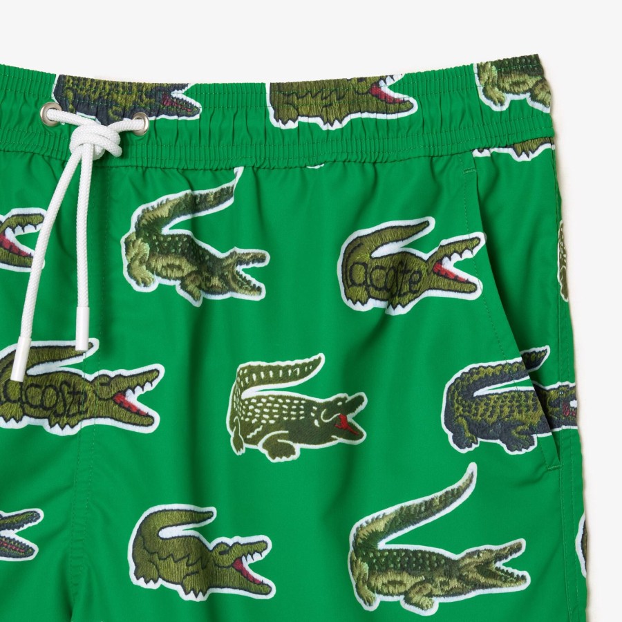 Men Lacoste Swimwear | Croc Print Swim Trunks Green