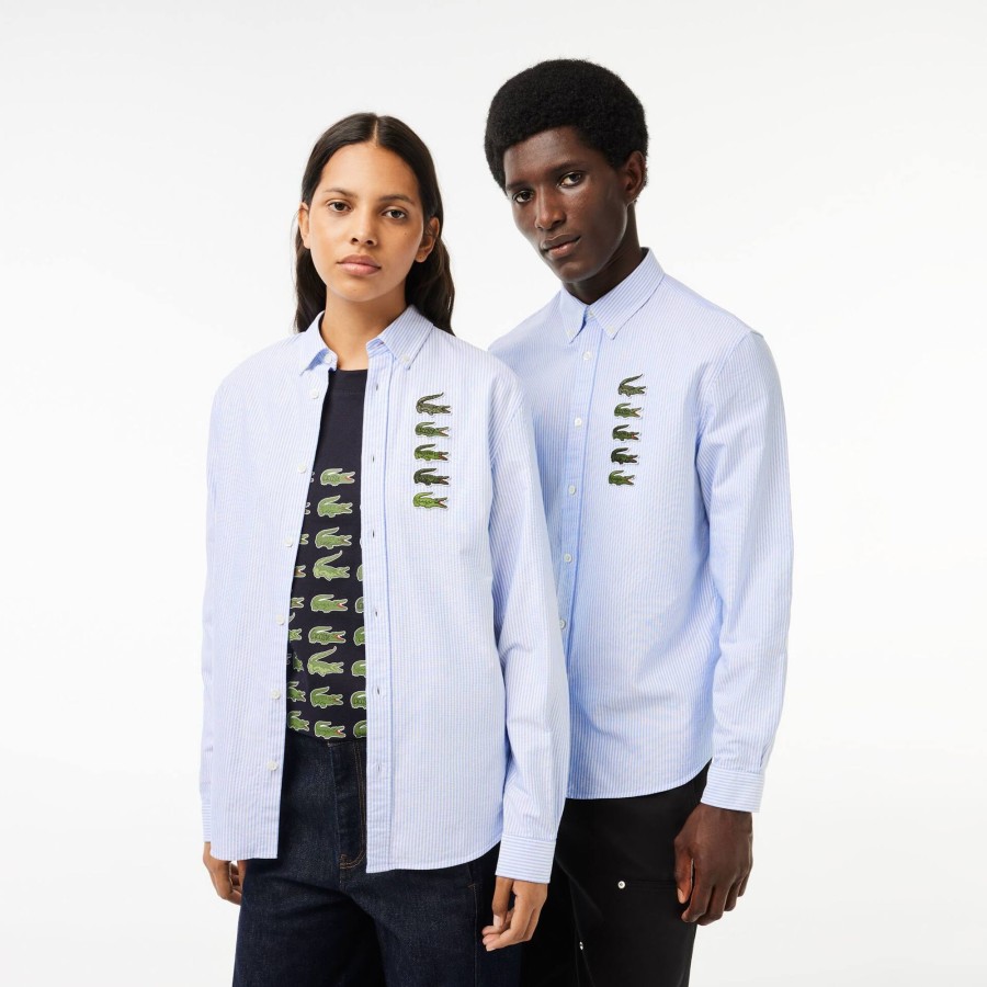 Women Lacoste Shirts & Tops | Croc Badge Striped Shirt White / Blue