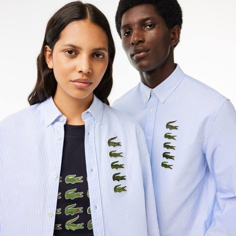 Women Lacoste Shirts & Tops | Croc Badge Striped Shirt White / Blue