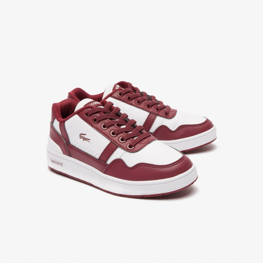 Kids Lacoste Shoes | Juniors' T-Clip Synthetic Trainers White & Burgundy 2G1