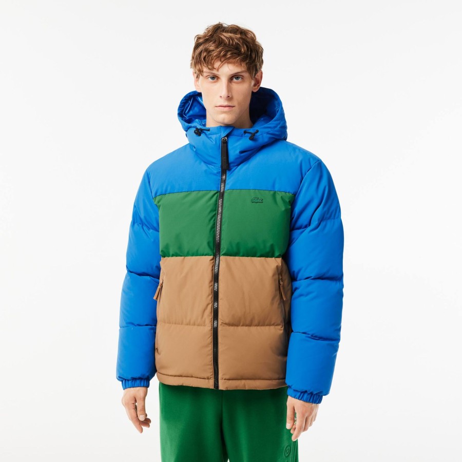 Men Lacoste Jackets & Coats | Colourblock Hooded Down Jacket Blue / Green / Brown