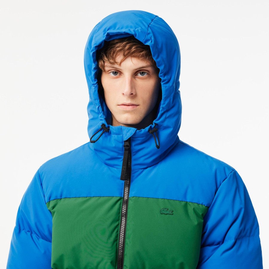 Men Lacoste Jackets & Coats | Colourblock Hooded Down Jacket Blue / Green / Brown