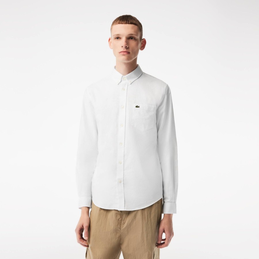 Men Lacoste Shirts | Men'S Lacoste Buttoned Collar Oxford Cotton Shirt White