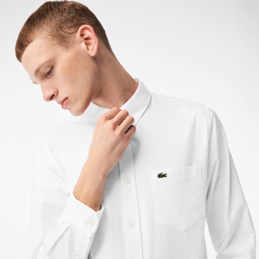 Men Lacoste Shirts | Men'S Lacoste Buttoned Collar Oxford Cotton Shirt White