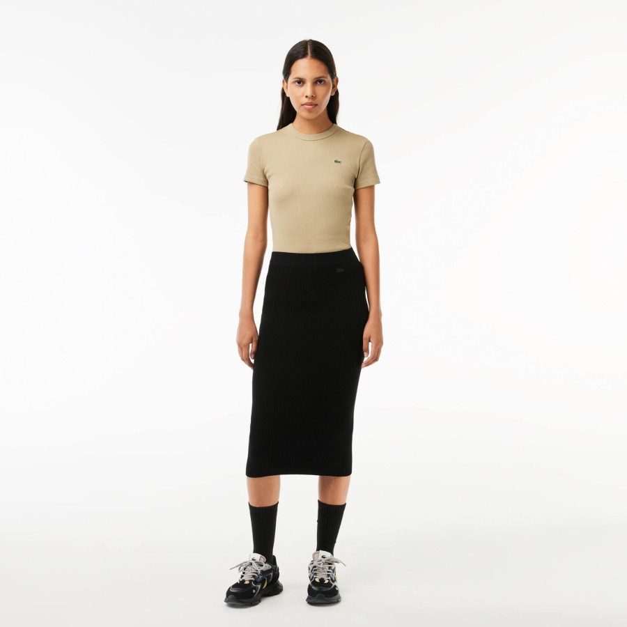 Women Lacoste Dresses & Skirts | Ribbed, Seamless Knit Pencil Skirt Black 031