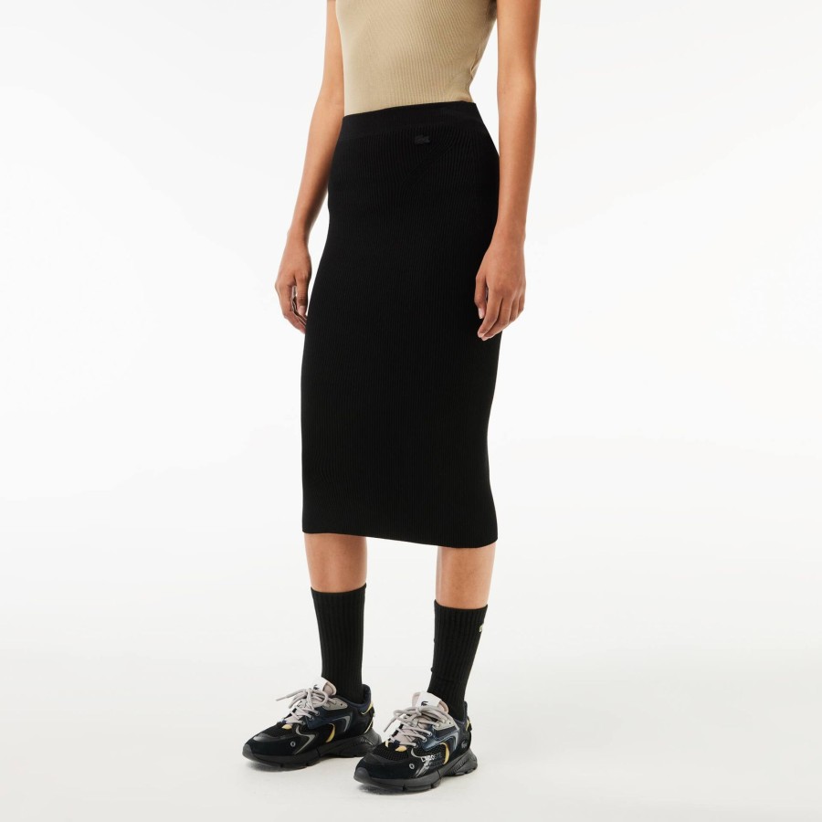 Women Lacoste Dresses & Skirts | Ribbed, Seamless Knit Pencil Skirt Black 031