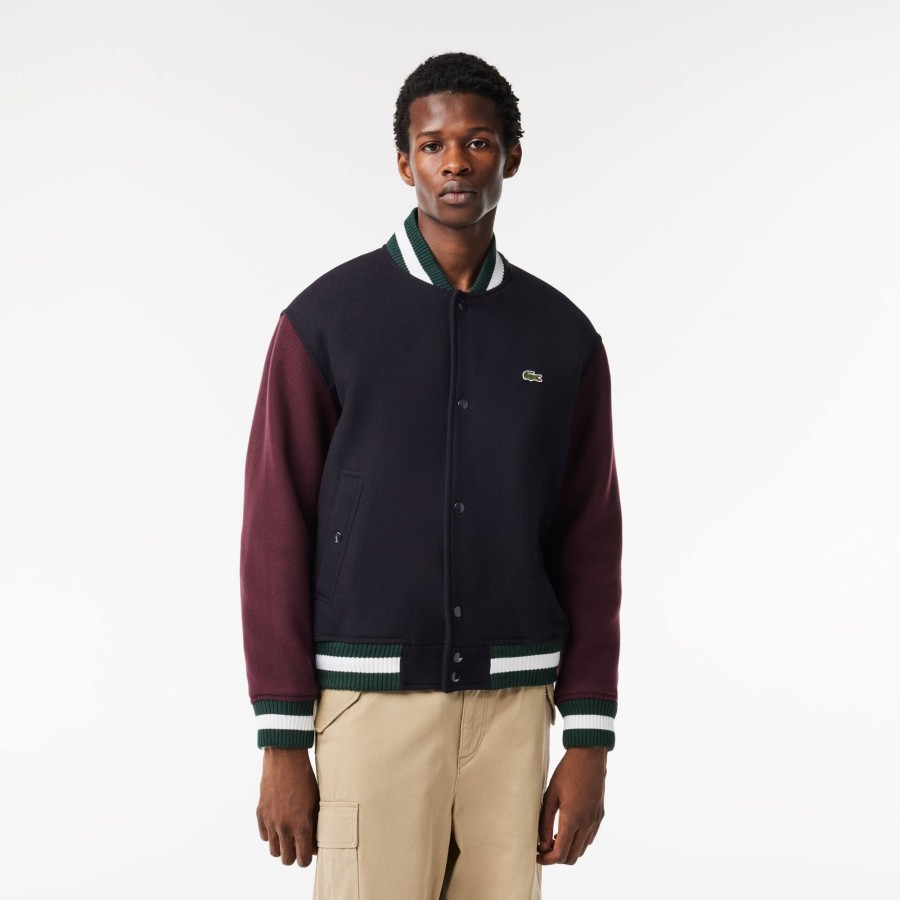 Men Lacoste Jackets & Coats | Colourblock Teddy Jacket With Quilted Lining Navy Blue / Bordeaux