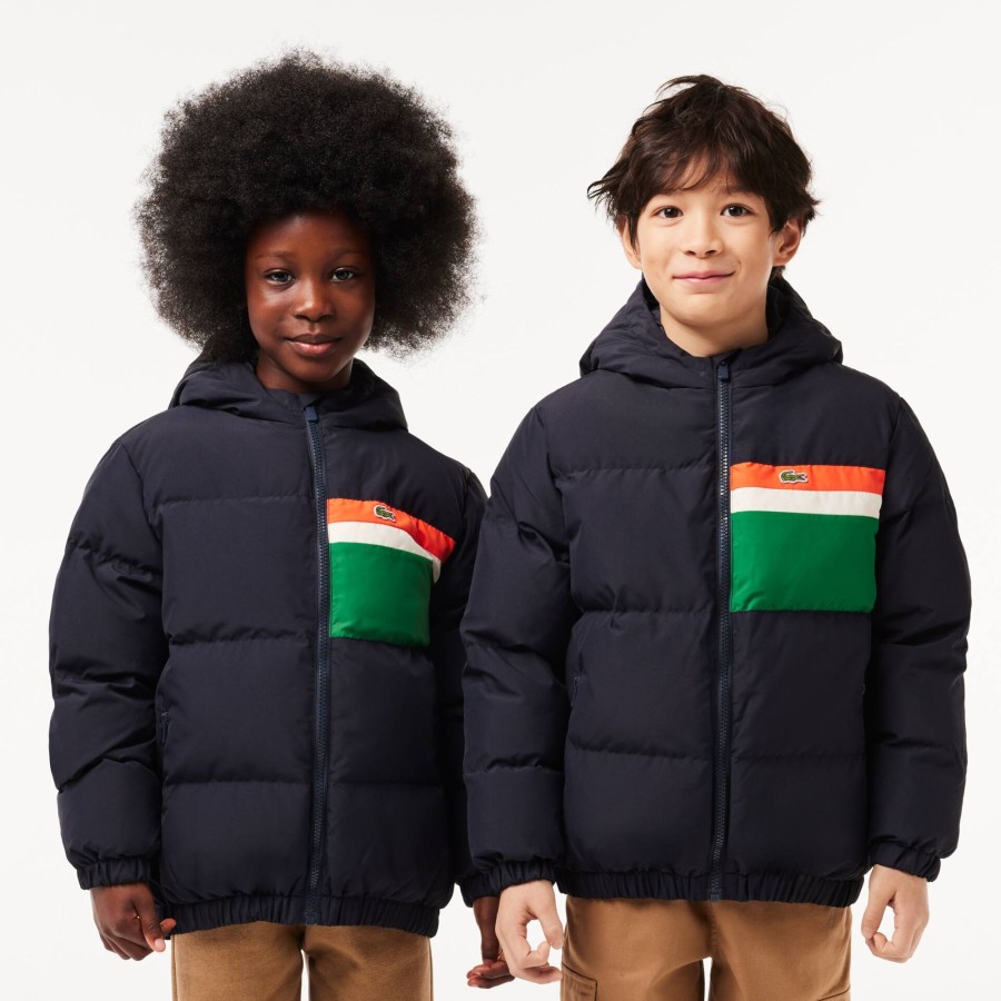 Kids Lacoste Girl Clothing | Contrast Stripe Hooded Puffer Jacket Navy Blue / White Kg2