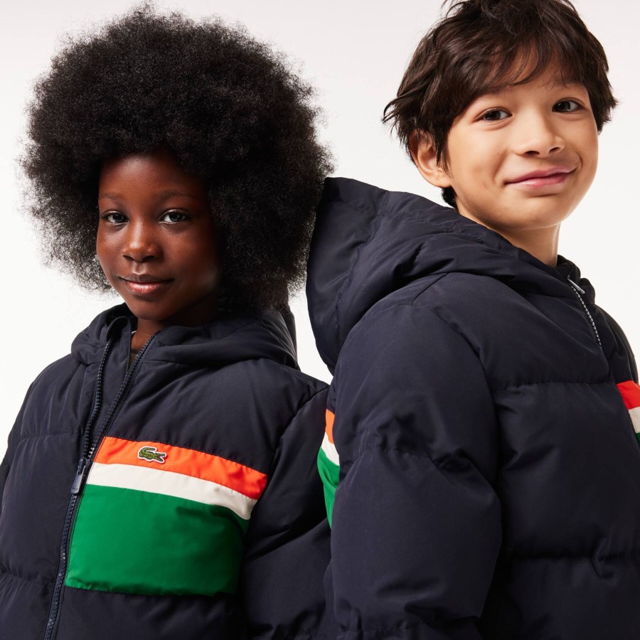 Kids Lacoste Girl Clothing | Contrast Stripe Hooded Puffer Jacket Navy Blue / White Kg2