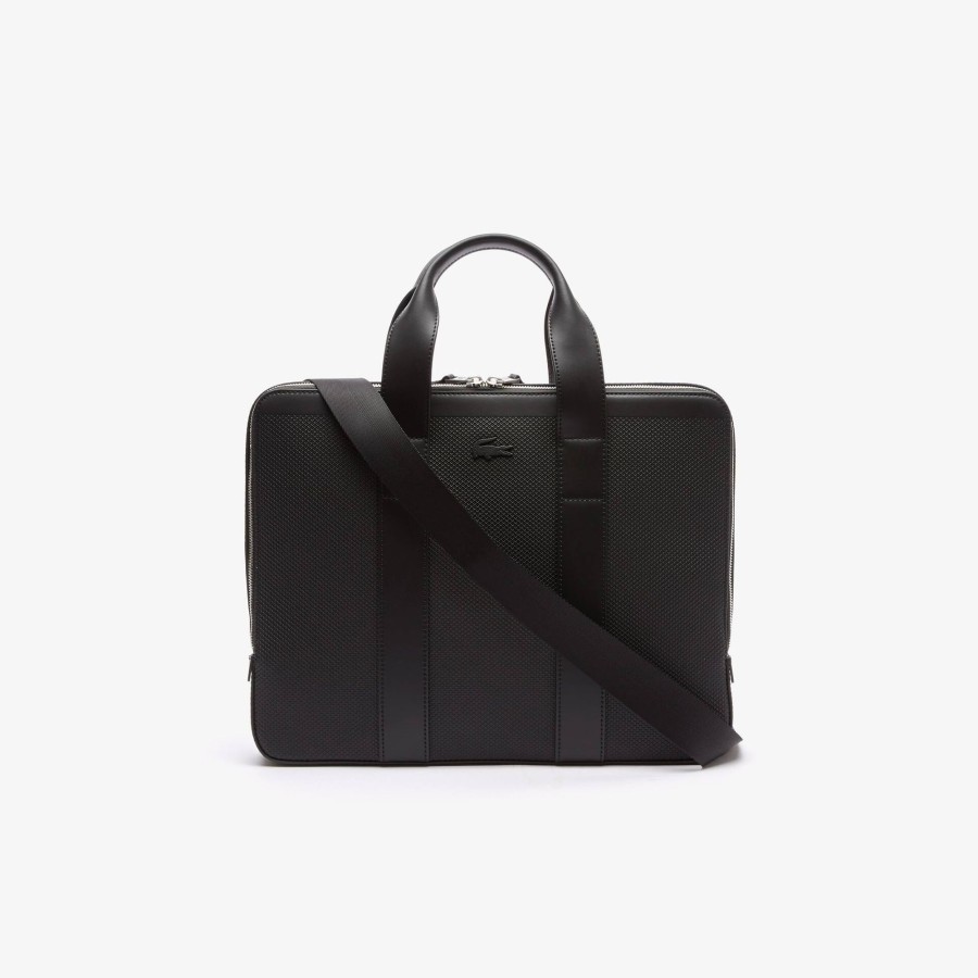 Men Lacoste Business & Laptop Bags | Men'S Chantaco Pique Leather Extra Slim Computer Bag Noir