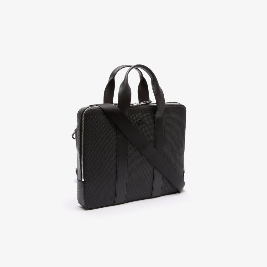 Men Lacoste Business & Laptop Bags | Men'S Chantaco Pique Leather Extra Slim Computer Bag Noir