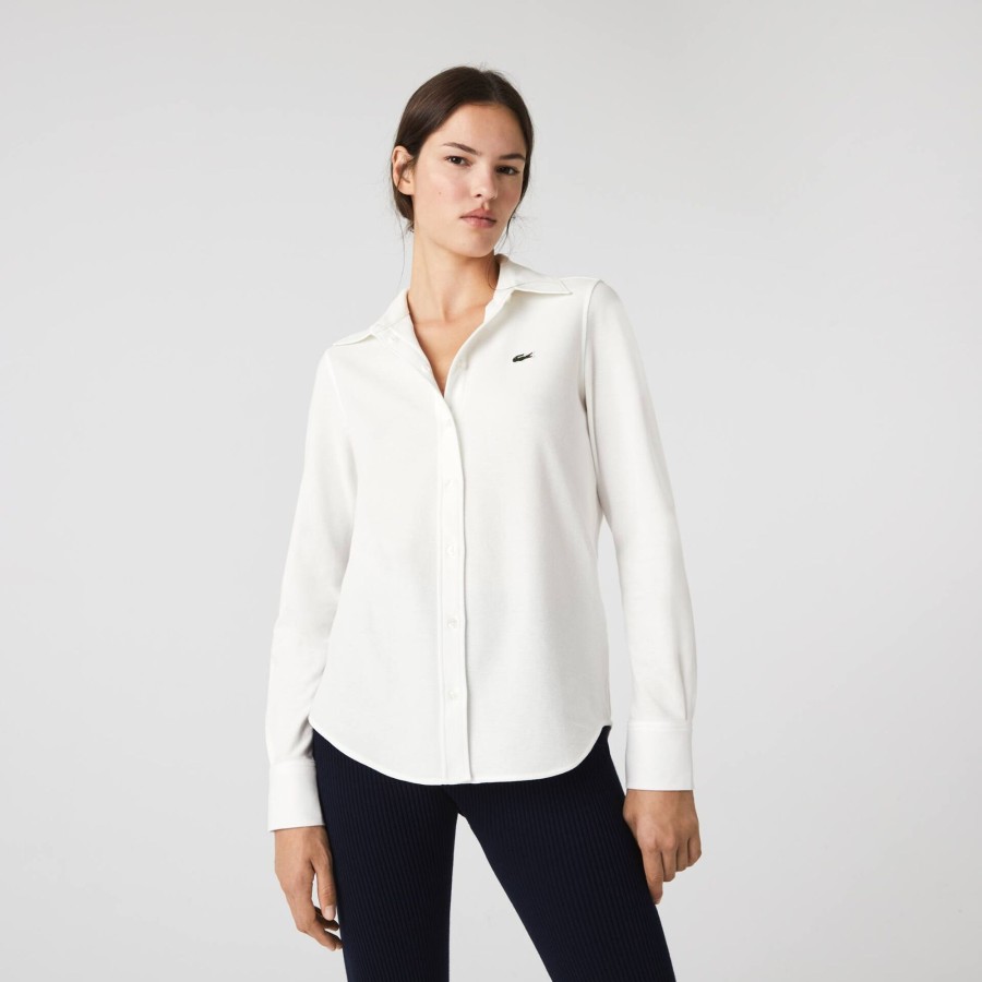 Women Lacoste Shirts & Tops | Women'S Lacoste French Collar Cotton Pique Shirt White 70V