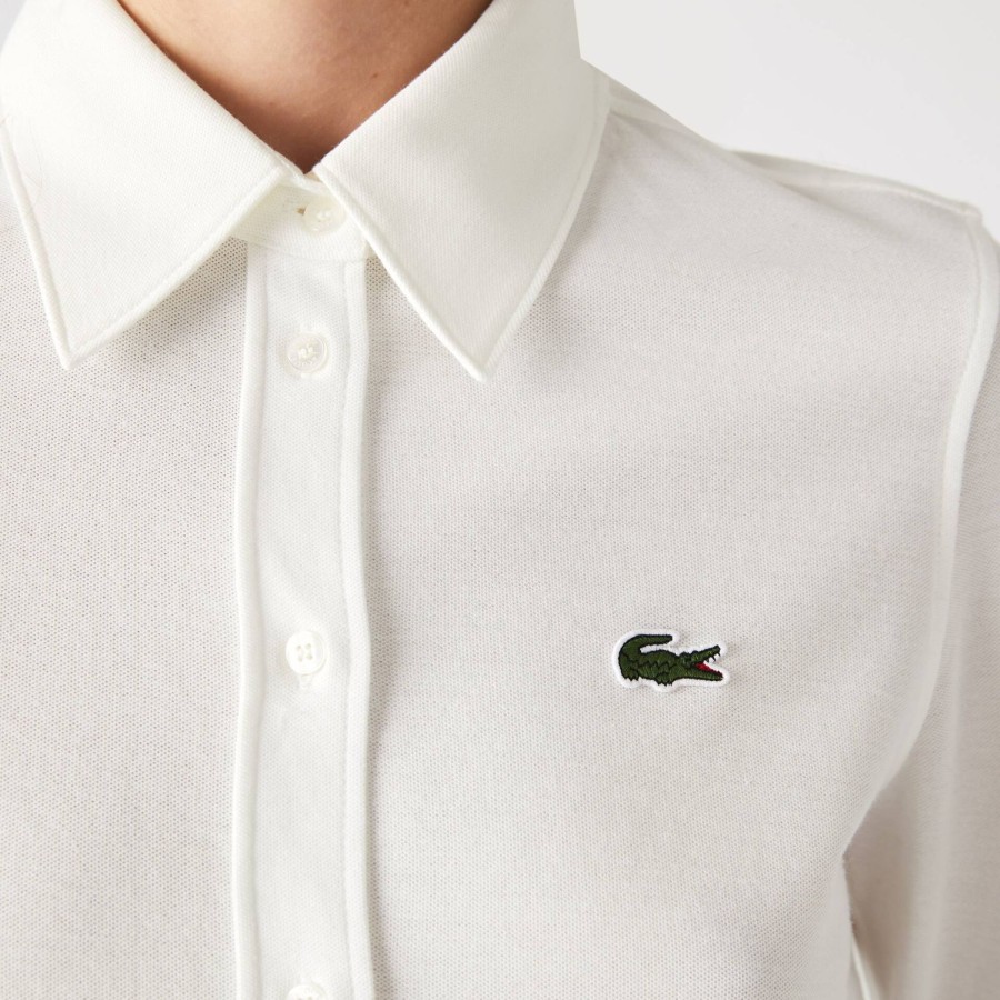 Women Lacoste Shirts & Tops | Women'S Lacoste French Collar Cotton Pique Shirt White 70V