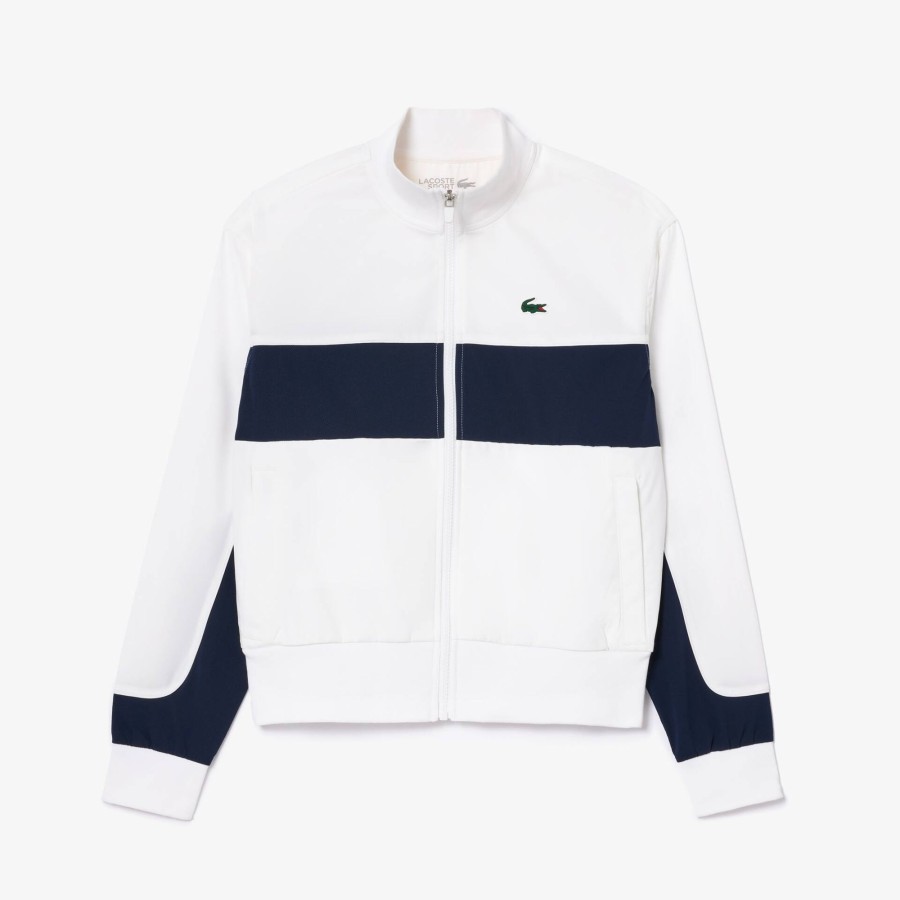 Women Lacoste Sport Clothing | Ultra-Dry Colourblock Stretch Tennis Jacket White / Navy Blue 522