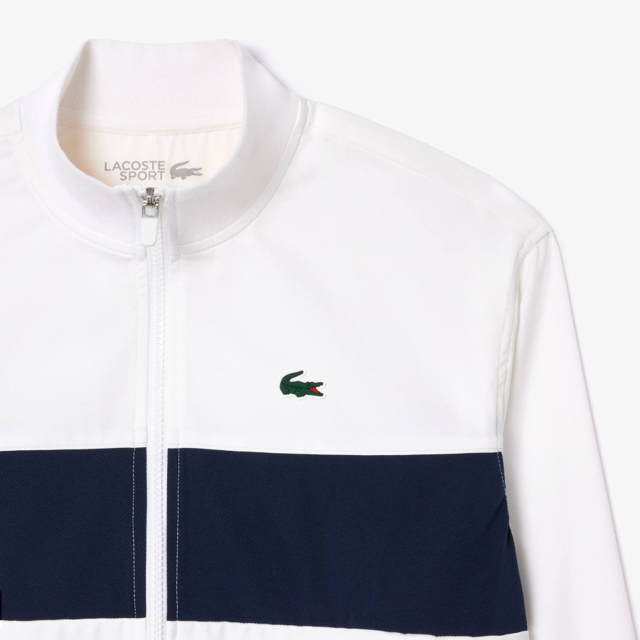 Women Lacoste Sport Clothing | Ultra-Dry Colourblock Stretch Tennis Jacket White / Navy Blue 522