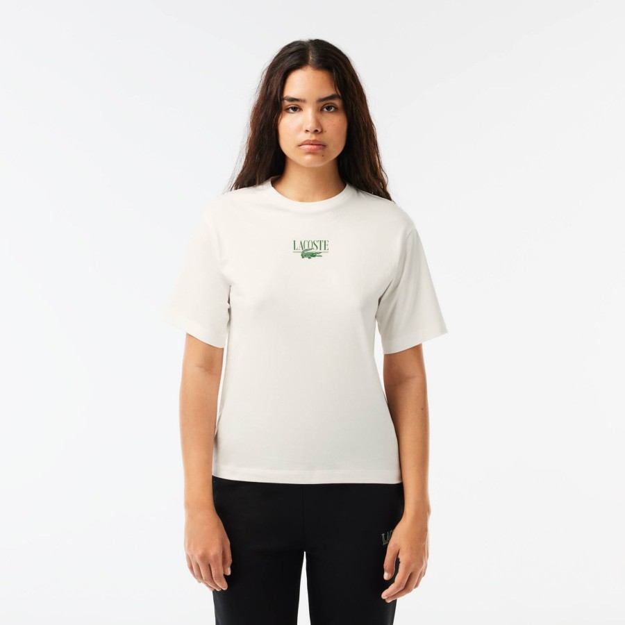 Women Lacoste T-Shirts | Lacoste Print Cotton Jersey T-Shirt White 70V