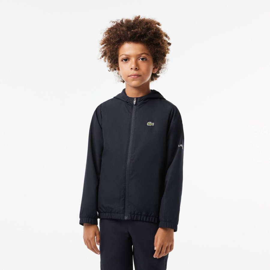 Kids Lacoste Boy Clothing | Zip Front Hooded Sports Jacket With Branding Detail Navy Blue Hde