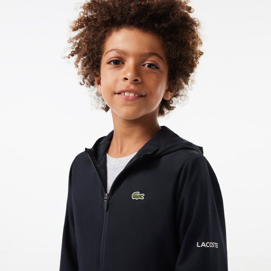 Kids Lacoste Boy Clothing | Zip Front Hooded Sports Jacket With Branding Detail Navy Blue Hde