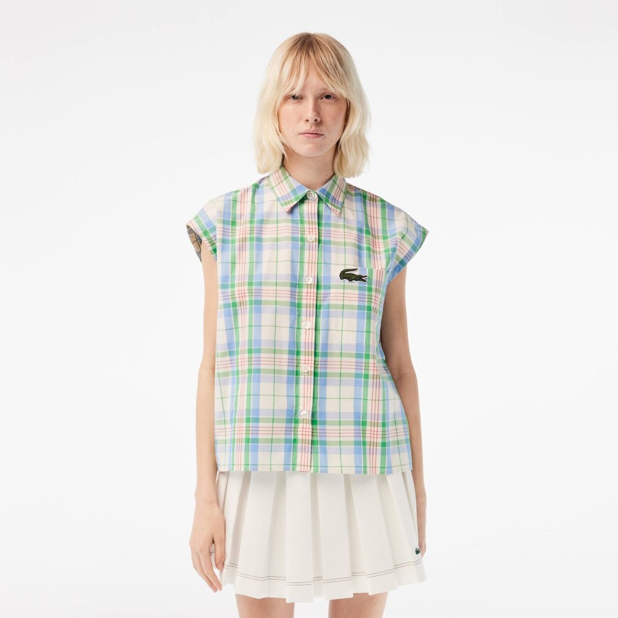 Women Lacoste Shirts & Tops | Women'S Lacoste Check Print Shirt White / Green / Blue / Orange / White Vvi