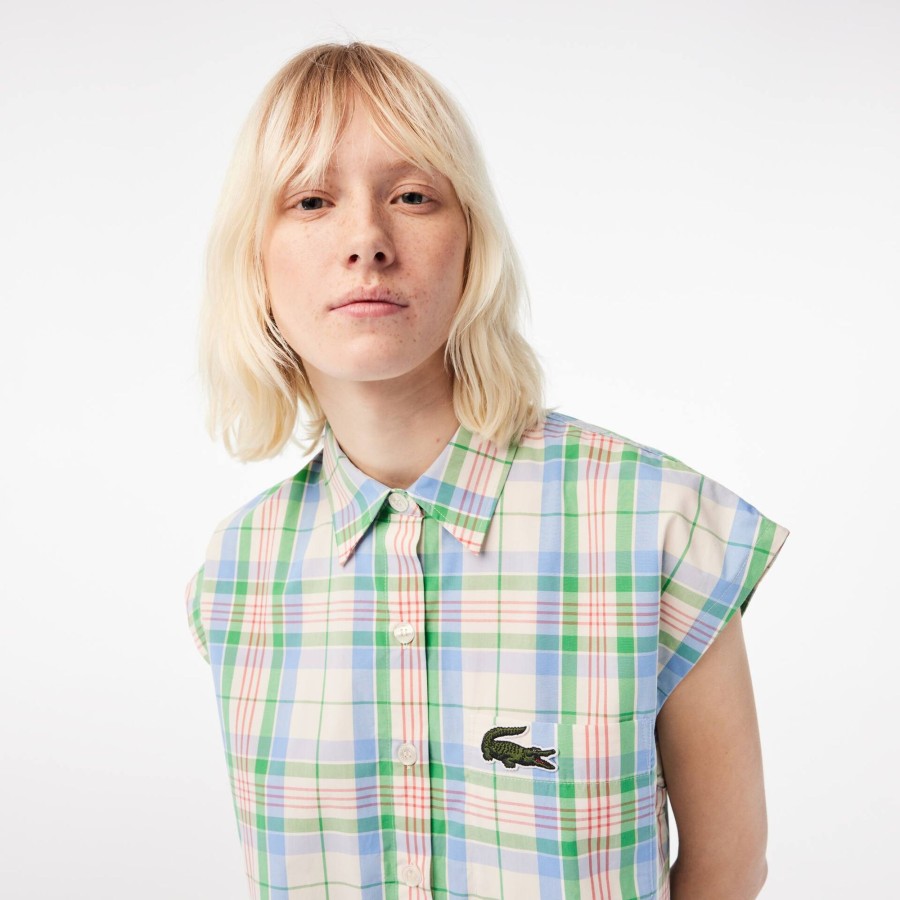 Women Lacoste Shirts & Tops | Women'S Lacoste Check Print Shirt White / Green / Blue / Orange / White Vvi