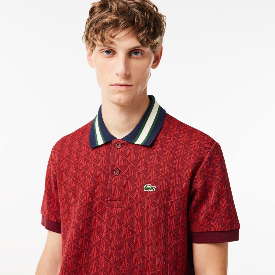 Men Lacoste Polo Shirts | Classic Fit Contrast Collar Monogram Motif Polo Shirt Bordeaux / Red