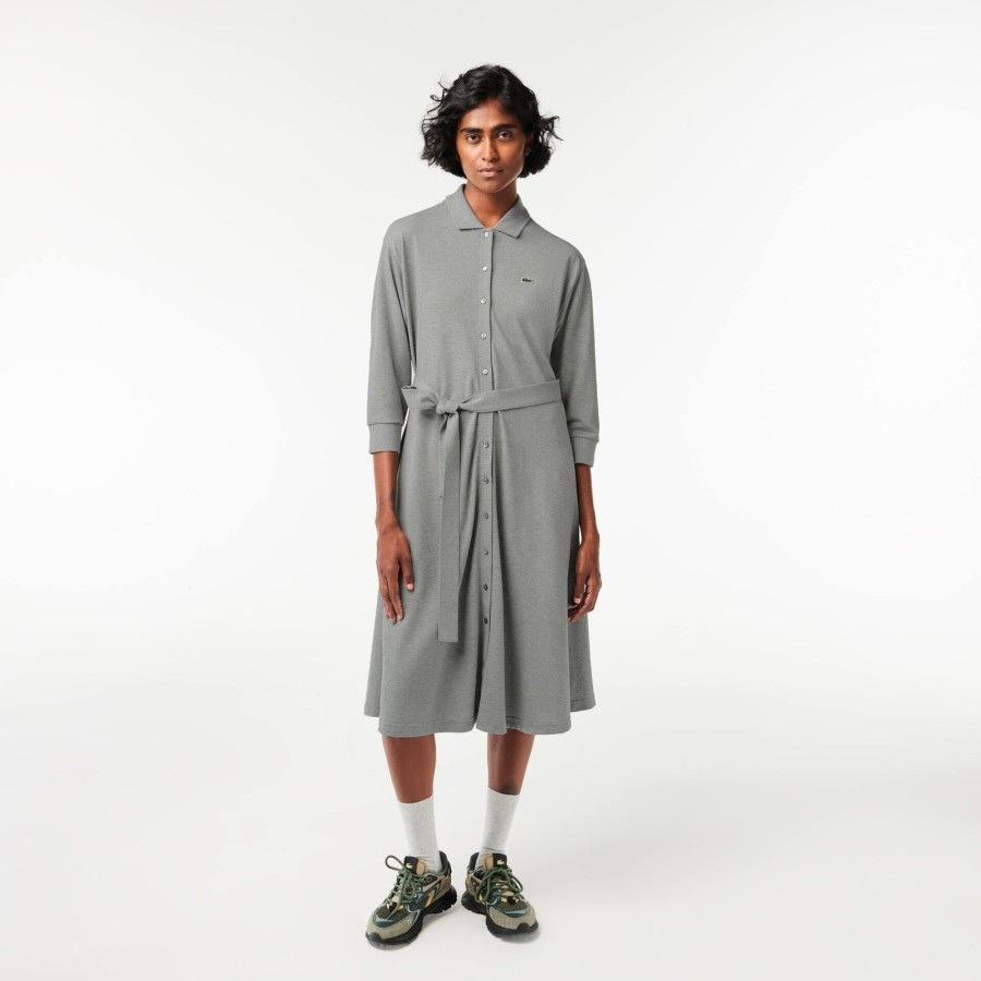 Women Lacoste Dresses & Skirts | 3/4 Sleeve Cotton Pique Polo Dress Grey Chine Yrd