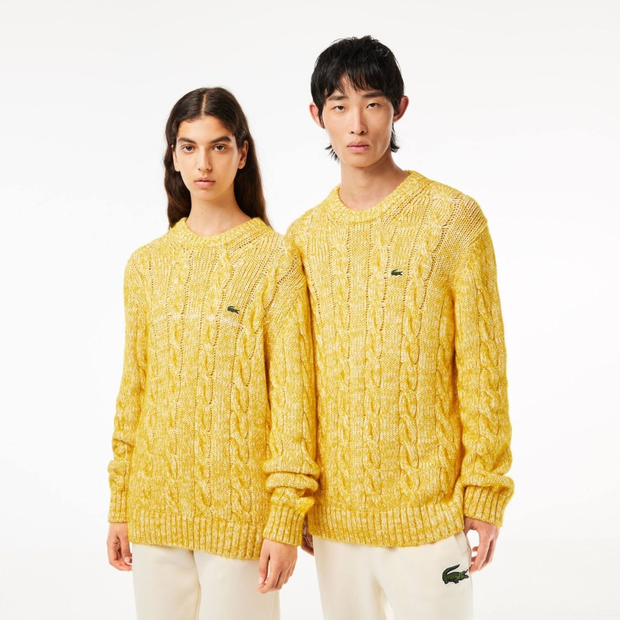 Women Lacoste Knitwear | Cotton And Mercerized Alpaca Cable Knit Sweater White / Yellow P7I