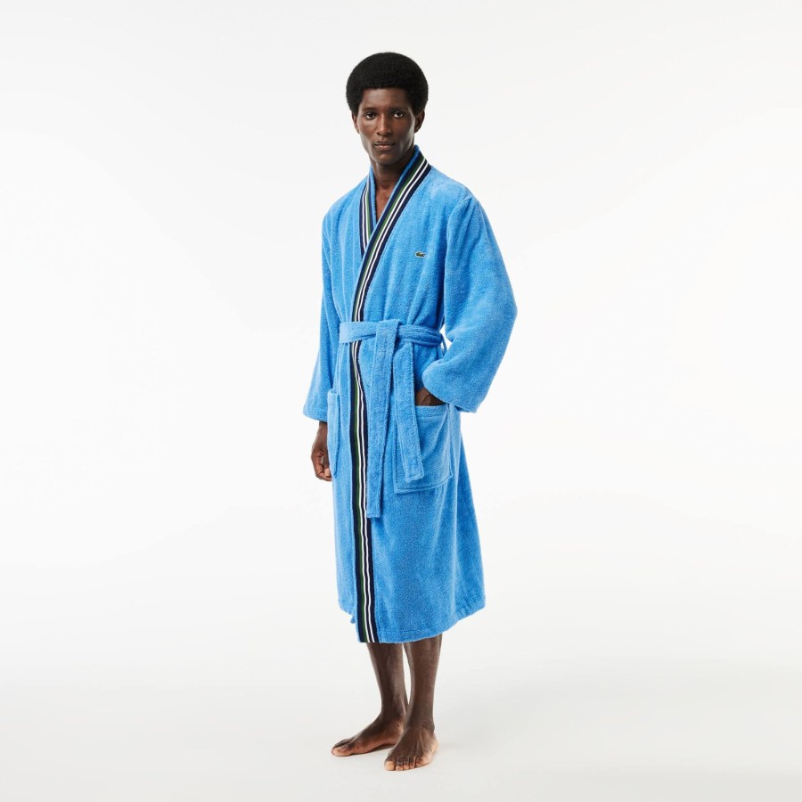 Men Lacoste Home Textile | Long Tricolor Ribbon L Club Cotton Kimono Bathrobe Blue