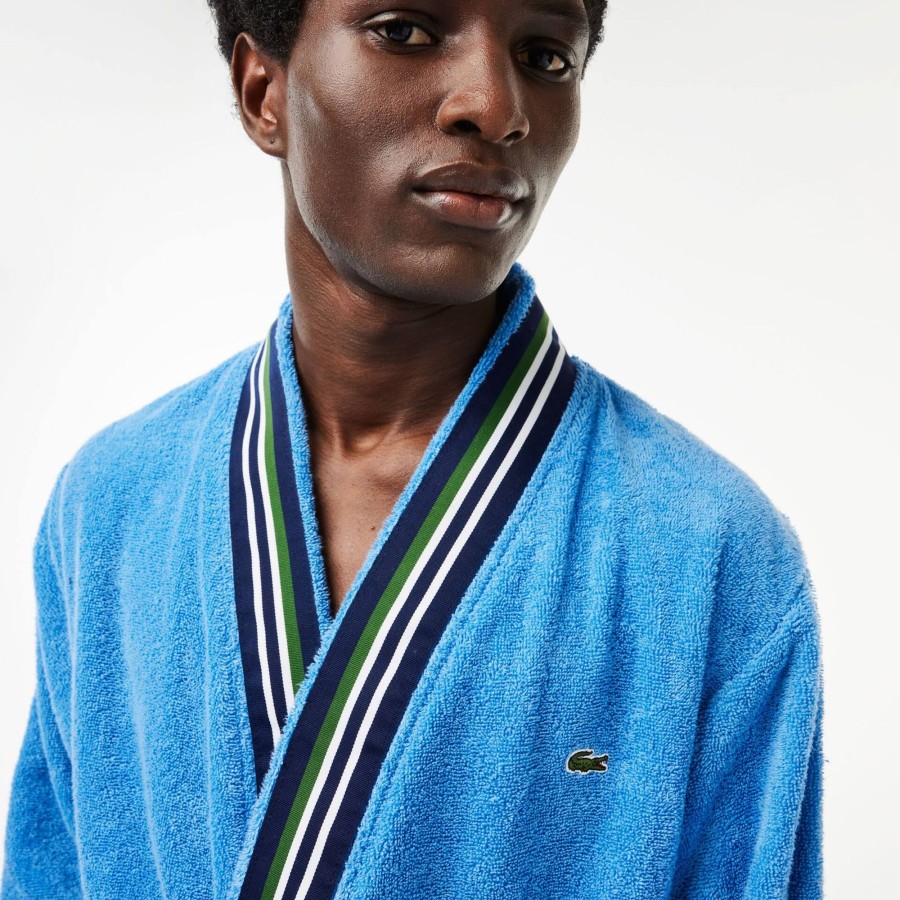 Men Lacoste Home Textile | Long Tricolor Ribbon L Club Cotton Kimono Bathrobe Blue