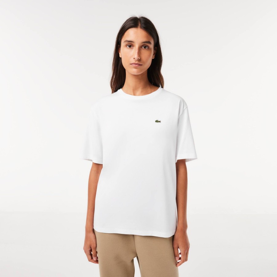 Women Lacoste T-Shirts | Women'S Crew Neck Premium Cotton T-Shirt White 001