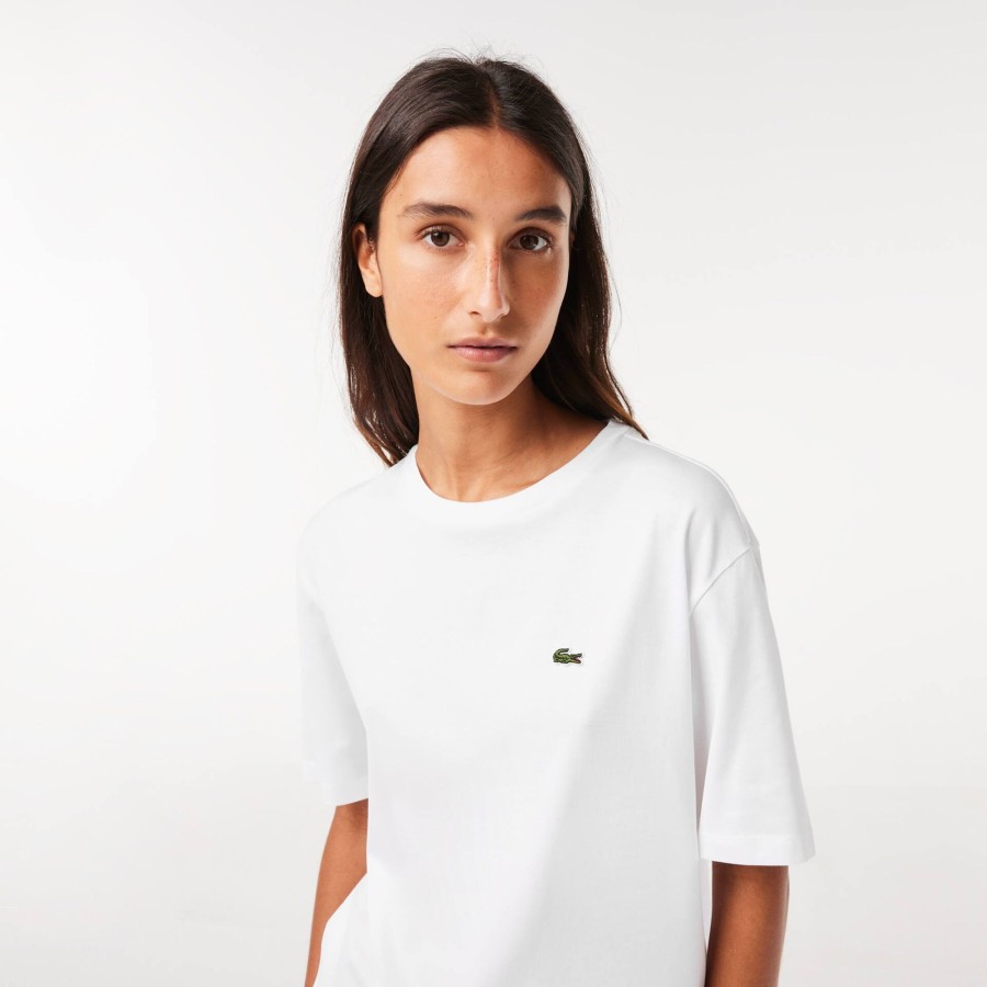 Women Lacoste T-Shirts | Women'S Crew Neck Premium Cotton T-Shirt White 001