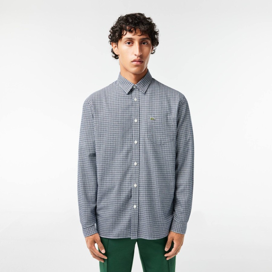 Men Lacoste Shirts | Cotton Flannel Checked Shirt Navy Blue / White