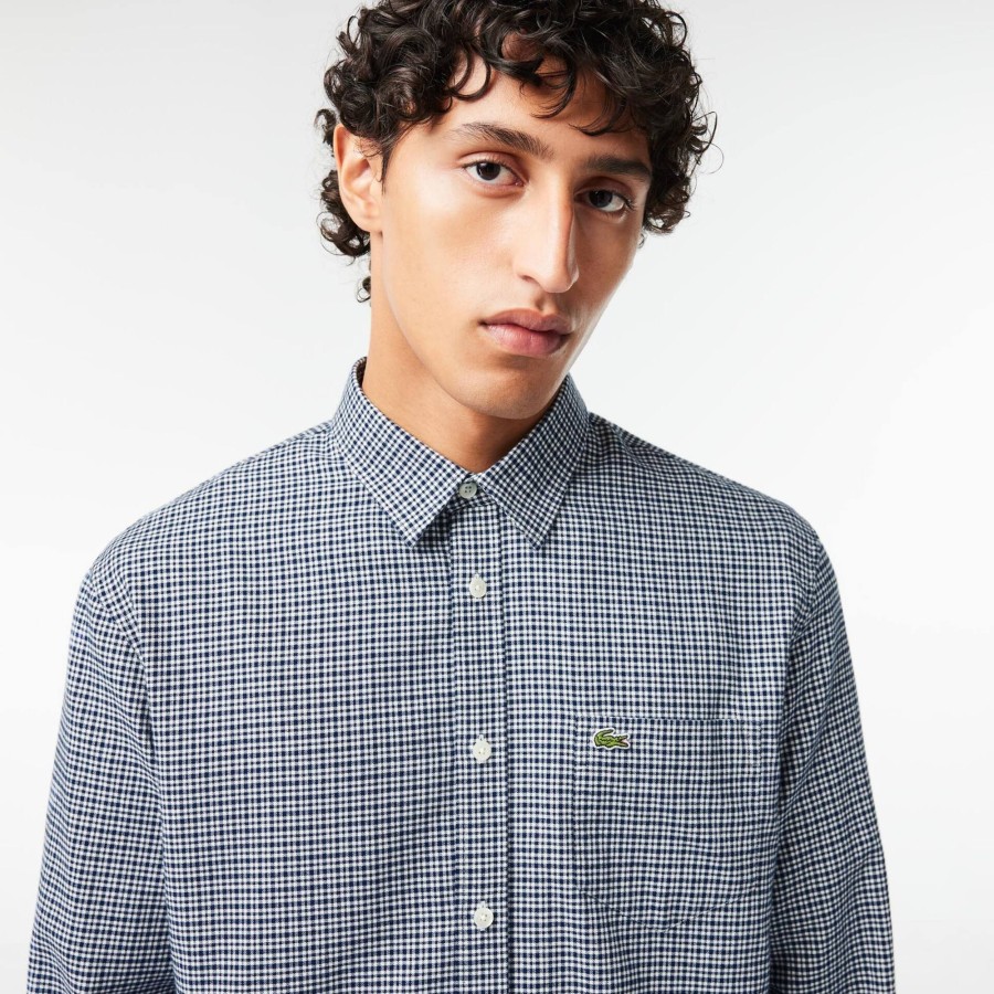 Men Lacoste Shirts | Cotton Flannel Checked Shirt Navy Blue / White