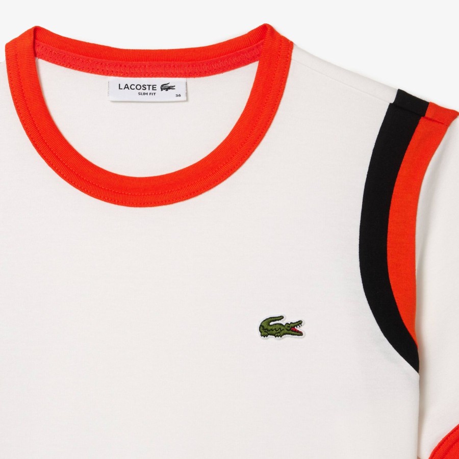 Women Lacoste T-Shirts | Cotton Pima Jersey Contrast Detail T-Shirt White / Orange / Black Kai