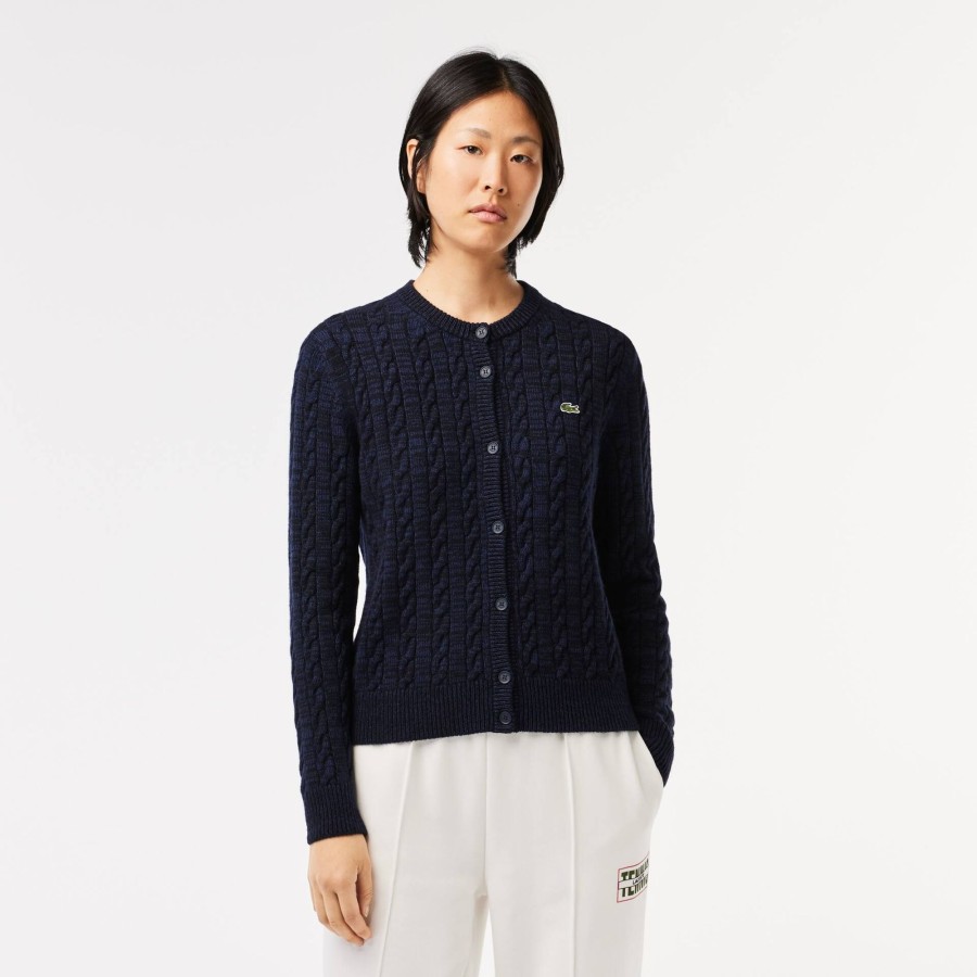 Women Lacoste Knitwear | Wool And Cotton Blend Cable Knit Cardigan Navy Blue L6L