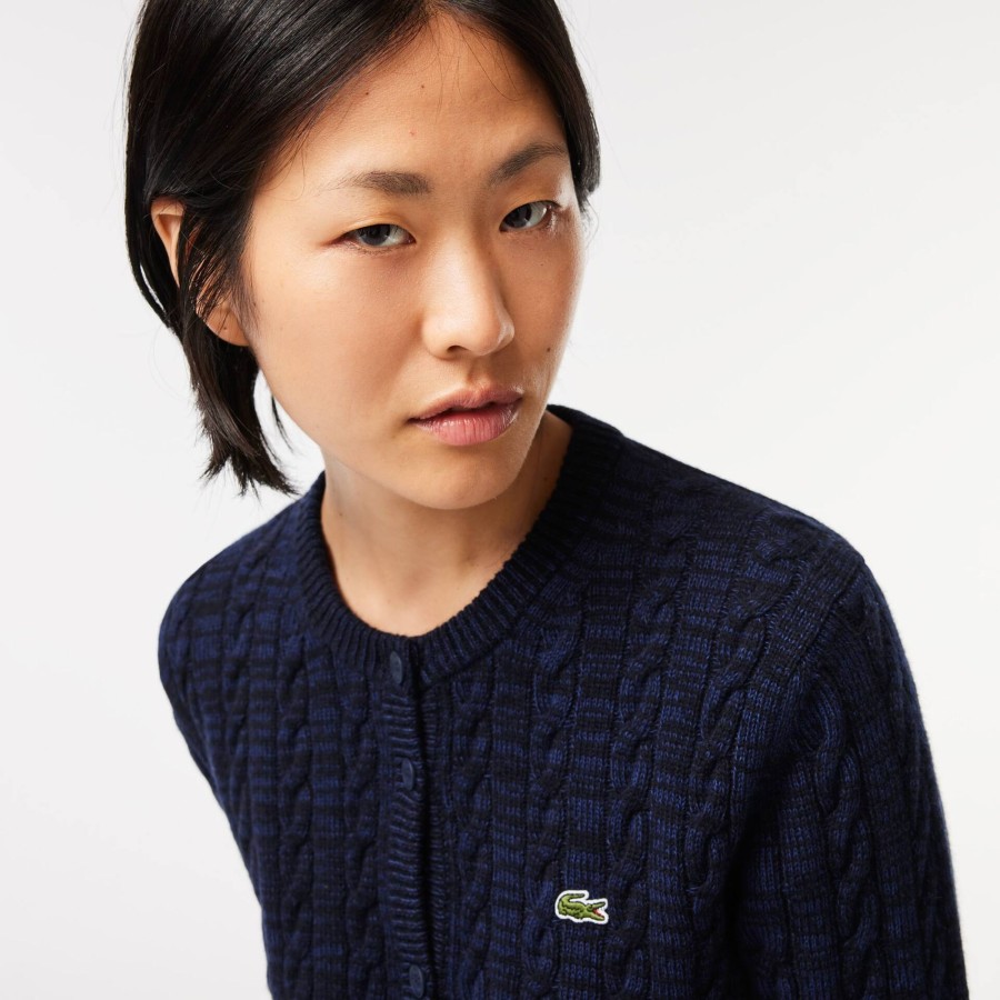 Women Lacoste Knitwear | Wool And Cotton Blend Cable Knit Cardigan Navy Blue L6L