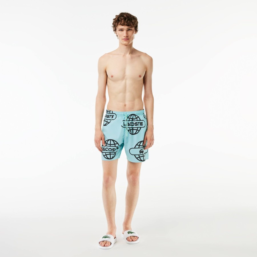 Men Lacoste Swimwear | Lacoste Globe Print Swimsuit Light Green / Black