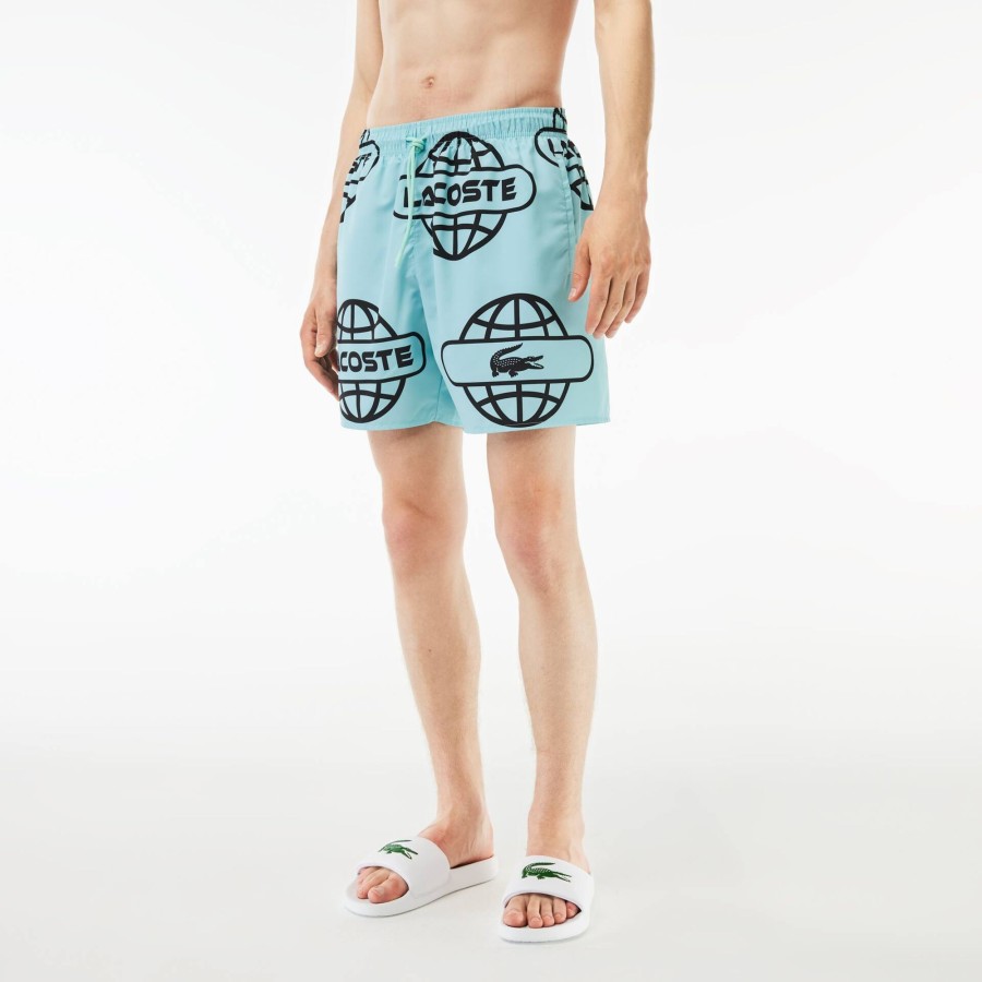 Men Lacoste Swimwear | Lacoste Globe Print Swimsuit Light Green / Black