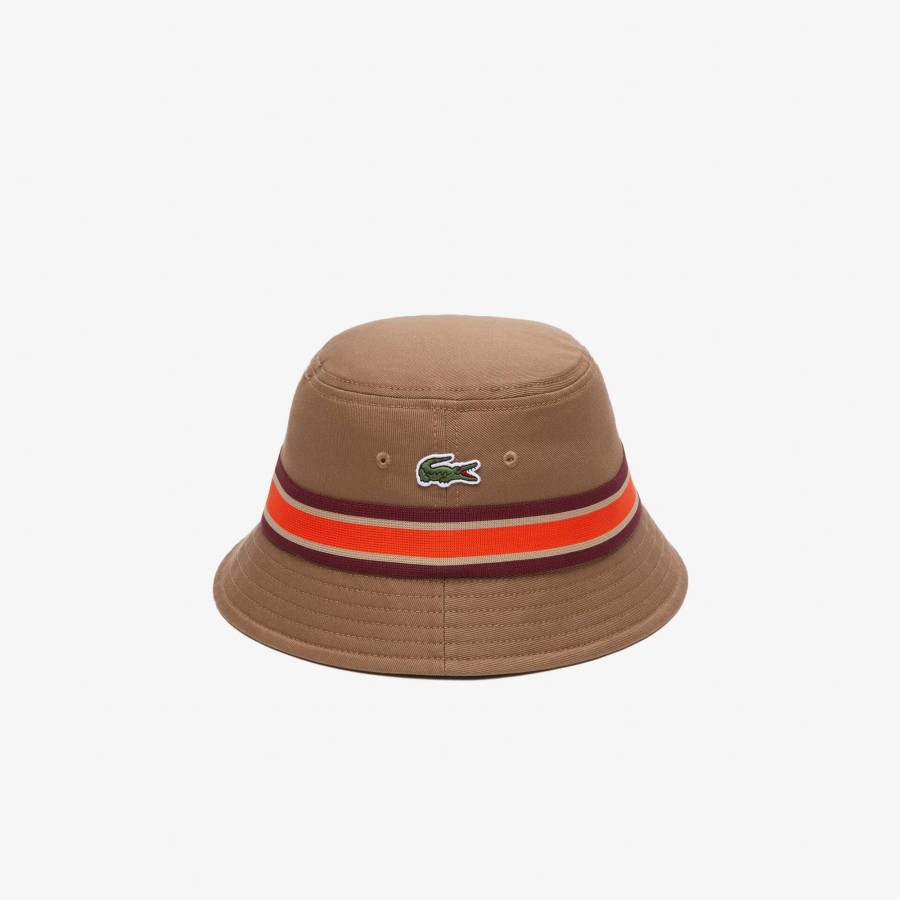 Women Lacoste Caps & Hats | Cotton Gabardine Contrast Stripe Bucket Hat Brown Six