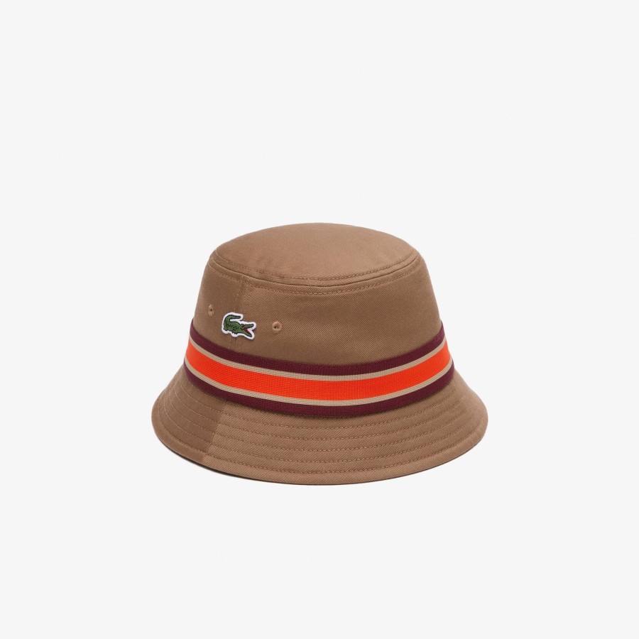 Women Lacoste Caps & Hats | Cotton Gabardine Contrast Stripe Bucket Hat Brown Six