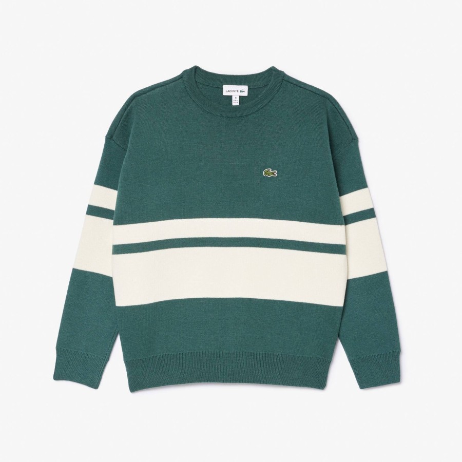 Kids Lacoste Girl Clothing | Contrast Stripe Cotton Sweater Dark Green / White Qi0