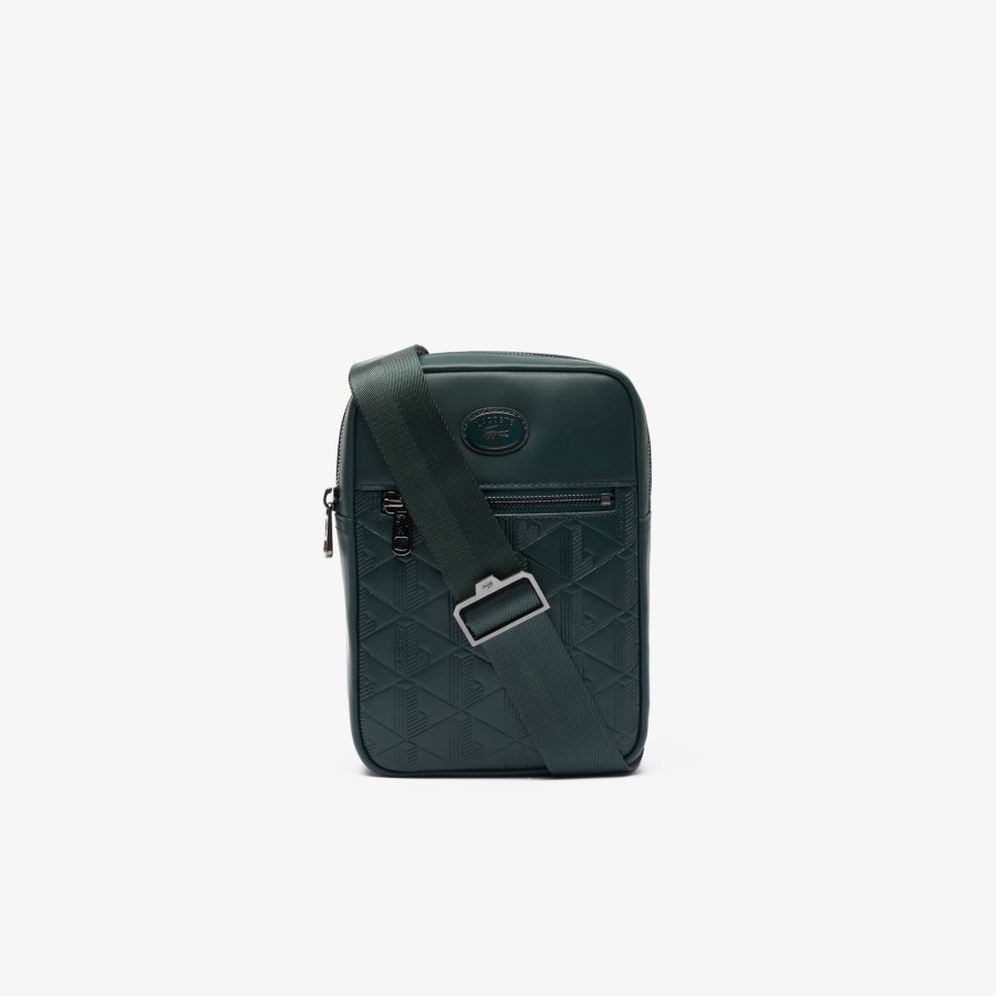 Men Lacoste Vertical Bags | Leather Monogram Print Vertical Satchel Sinople